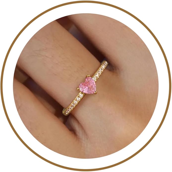 Honsny Heart Birthstone Gold Rings for Women Non Tarnish 14K Gold Plated Stackable CZ Gemstone Emerald Pinky Ring Dainty Engagement Promise Rings for Her Waterproof Jewelry Graduation Gifts Size 6-10