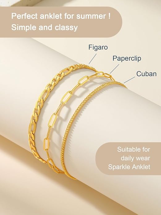 ChainsPro Stainless Steel Waterproof Anklet for Women, Adjustable Non Tarnish Layered Anklets, Trendy Dainty Cuban Link Ankle Bracelet Beach Jewelry Gifts for Swimming & Daily Wear (8.5+2 inches)