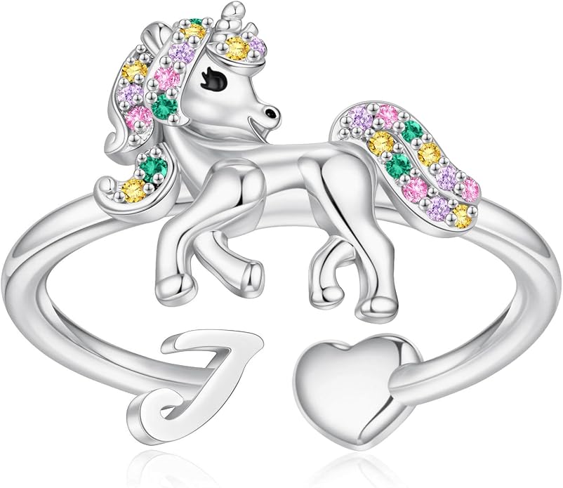 Unicorn Initial Rings for Teen Girls, Rose Gold/White Gold Plated Heart Initial Rings for Girls Adjustable Stackable Rings for Women Diny Heart Ring for Teen Girls Gifts Unicorns Gifts for Girls