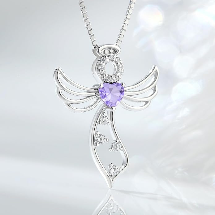 925 Sterling Silver Guardian Angel Pendant Necklace for Women - Birthstone Cubic Zirconia, 18" Chain, Gift for Her