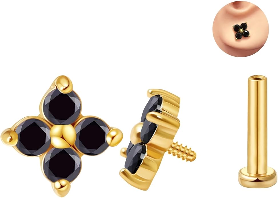 FANSING CZ Flower Internally Threaded Flat Back Earring Labret Stud for Cartilage Tragus Helix Conch