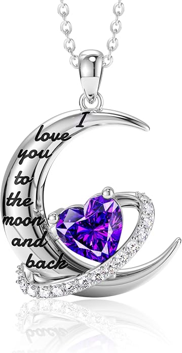 Distance I Love You to The Moon and Back Necklace for Women, S925 Sterling Silver Forever Love Heart Birthstone Necklace, Anniversary Birthday Jewelry for Wife Lover