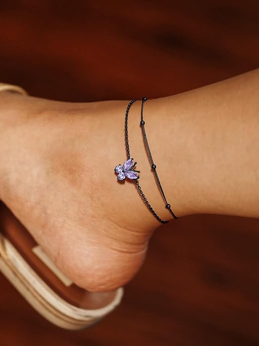 Richsteel Double Layer Heart/Butterfly Birthstone Anklet for Women Non Tarnish Waterproof, Silver/Gold/Black Stainless Steel 8.5-10.5 Inch Adjustable Chain Anklets Jewelry Gifts for Her