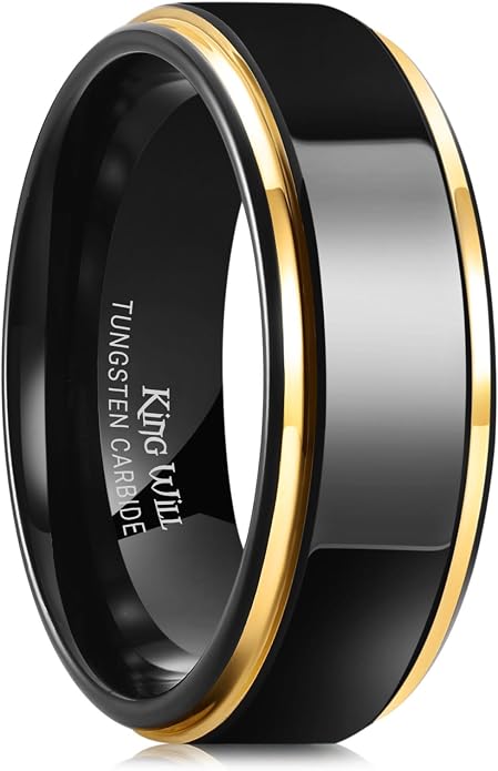 King Will 8mm Black Silver Mens Polished Tungsten Wedding Rings High Polish Surface Wedding Band Blue Silver Step Edge Comfort Fit