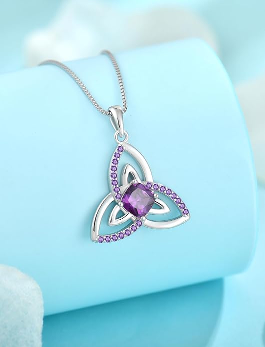 Celtic Birthstone Necklace for Women 925 Sterling Silver Trinity Knot Triquetra Crystal Pendant