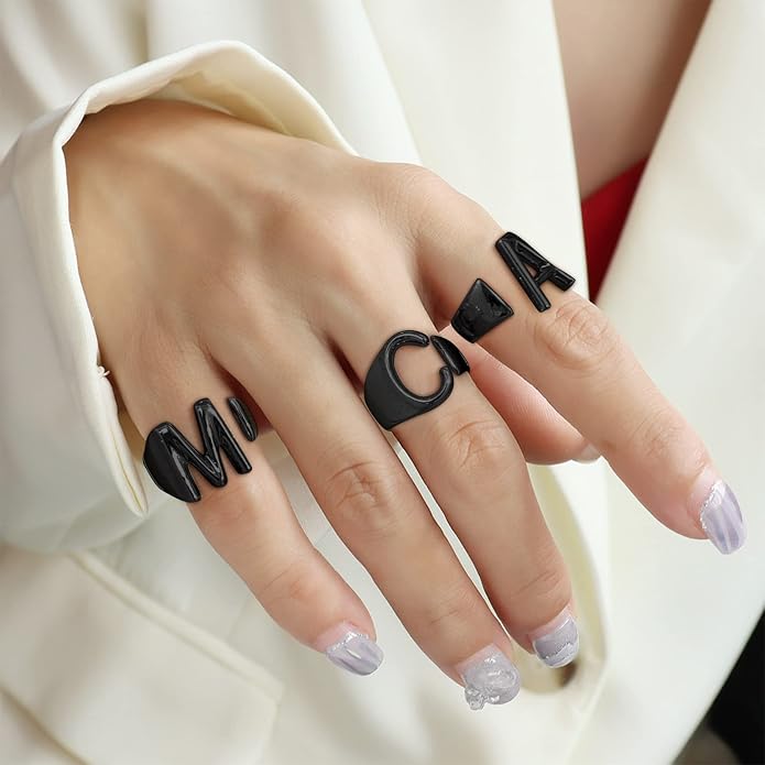 KeyStyle Bold Initial Letter Rings Adjustable, GoldChic Jewelry Women Gold Statement Ring Personalized Engraved Women’s Open Signet Ring for Party (Gold, White Gold, Black)