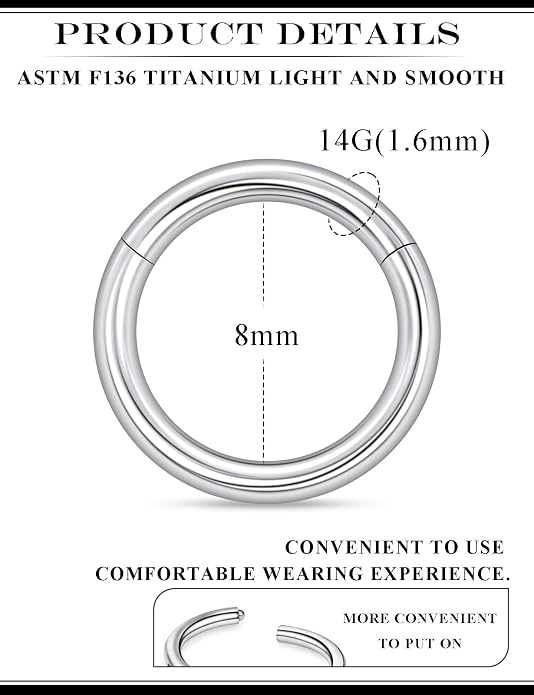 20G 18G 16G 14G 12G 10G 8G 6G 4G 2G Nose Rings Hoops Astm F136 Titanium Clicker Septum Lip Ring Tragus Helix Daith Rook Conch Snug Cartilage Lobe Earrings Hoop Piercing Jewelry For Women Men