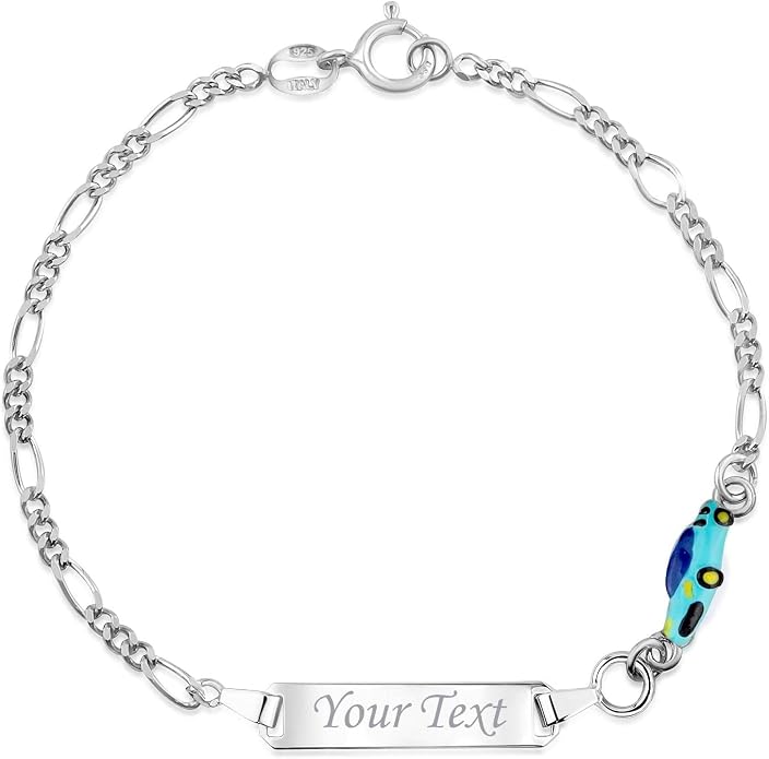UNICORNJ 925 Italy Sterling Silver Child or Baby Name Bracelet Girls Boys, Personalized Engraved Kids ID Bracelets, 6.5" Figaro Chain, Enamel Charm Newborn Infant Toddler Kid Jewelry