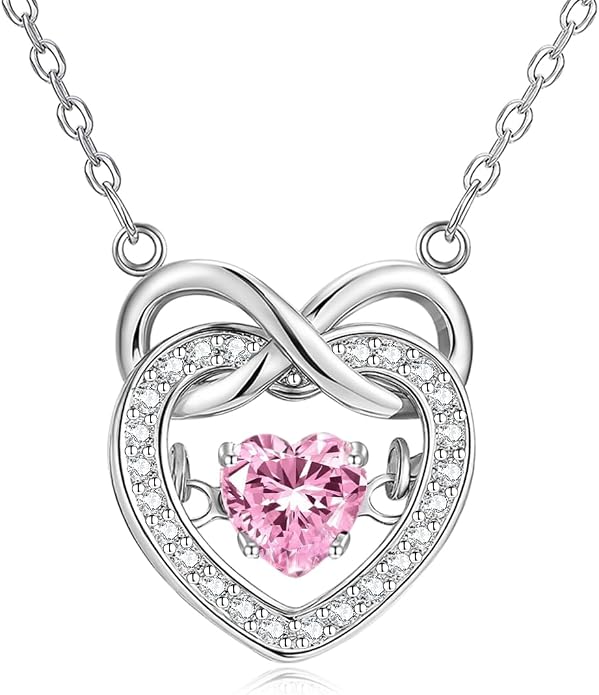 Trendy Dainty Infinity Birthstone Necklace, Dancing Heart 18K White Gold Plated 925 Sterling Silver Heart Necklace, Romantic Love Jewelry Graduation Gifts for Women Her