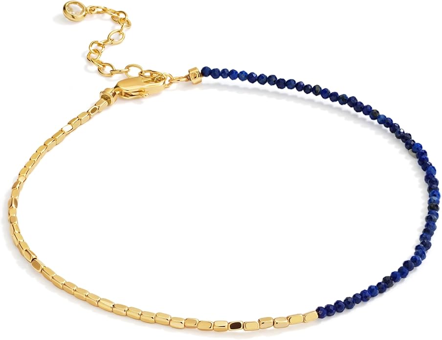 DREMMY STUDIOS Gold Anklet Bracelets for Women 14K Gold Plated Stone Handmade Beaded Link Chain Anklets Jewelry Gift