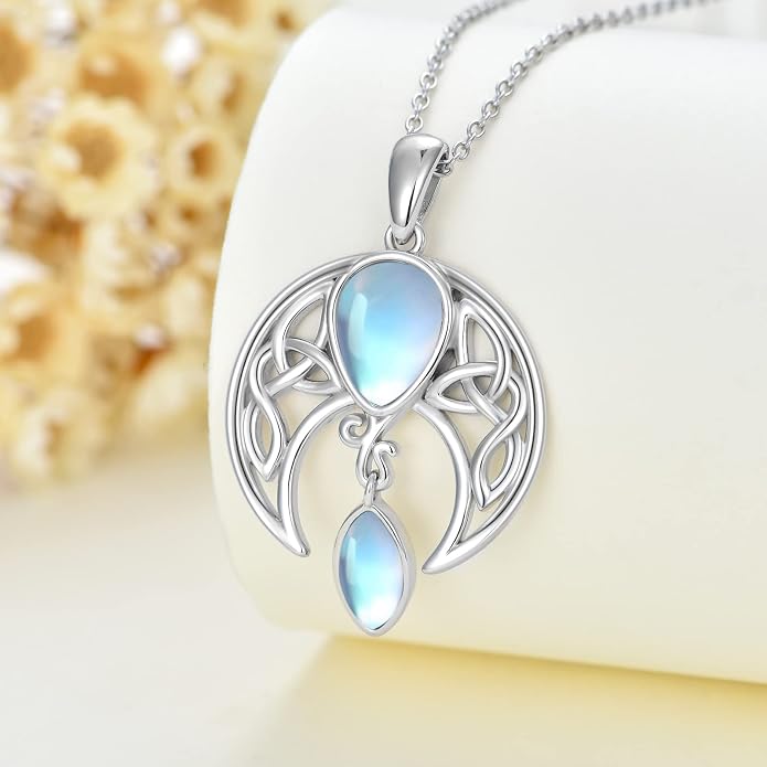 AOBOCO Sterling Silver Celtic Crescent Moon Goddess Pendant Irish Good Luck Necklace with Birthstone Crystal, Celtic Moon Jewelry Gift for Women Mom Wife