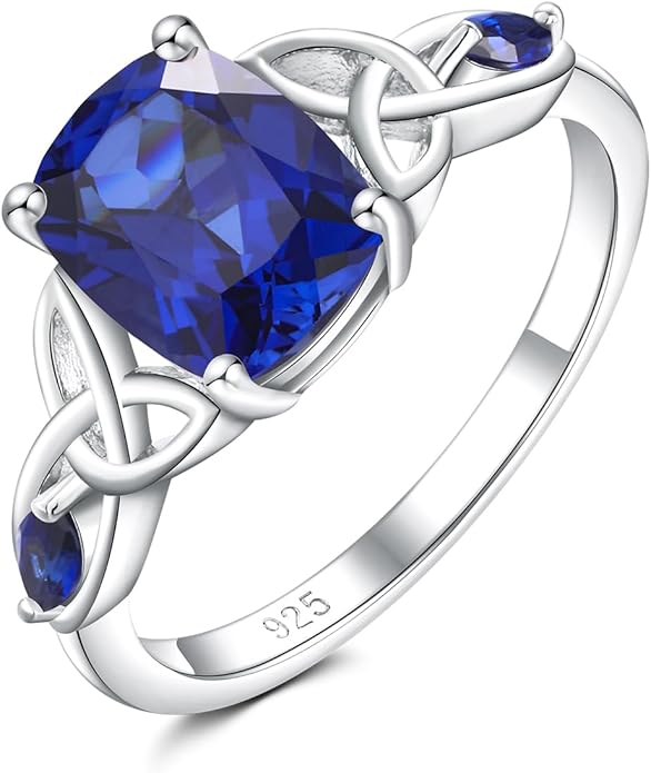 925 Sterling Silver Birthstone Rings for Women Cushion Cut Engagement Celtic Knot Ring Irish Jewelry Created Gemstone Anniversary Rings Size 6-10(with Box)