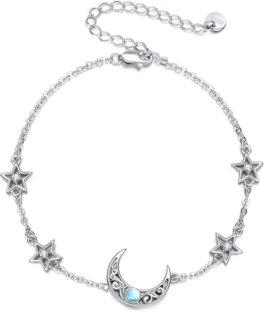 CRMAD Moonstone Moon/Star/Daisy/Turquoise/Rose Flower/Cat/Star/Hecate/Airplane/Pearl/Chakra/Rose Pearl/Butterfly/Wave/Starfish Anklet for Women Sterling Silver Anklet Irish Jewelry