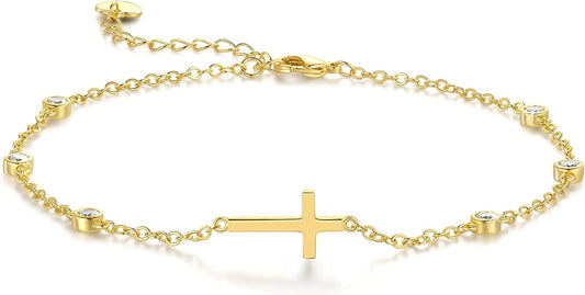 Gold Anklets for Women Ankle Bracelets for Women 14K Gold Anklets Bracelets for Womens Golden Anklet Cross Ankle Bracelet Spaced Evenly Cubic Zirconia Cross Anklet Bracelet for Womens Ankles 9.5+1.5in