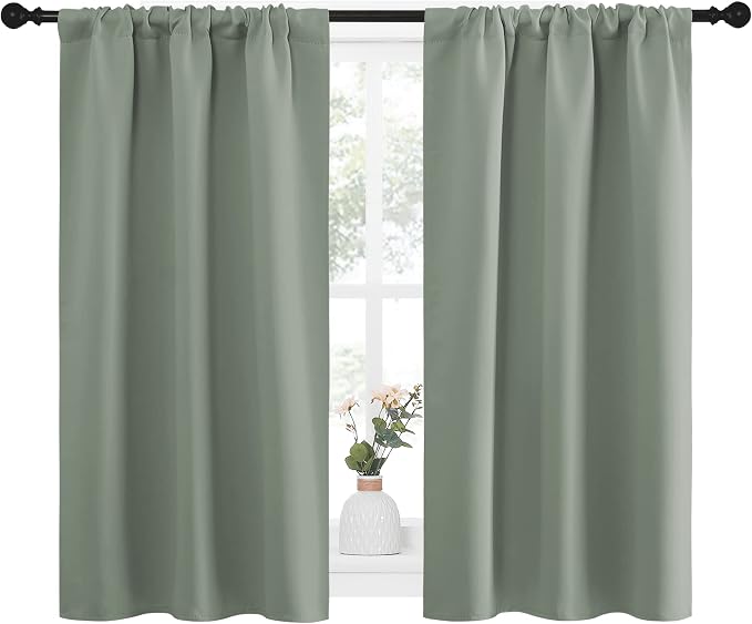 NICETOWN Window Curtains Blackout Drapes - Thermal Insulated Solid Rod Pocket Blackout Curtains/Draperies for Living Room (Greyish Green, One Pair, 34 by 45-Inch)