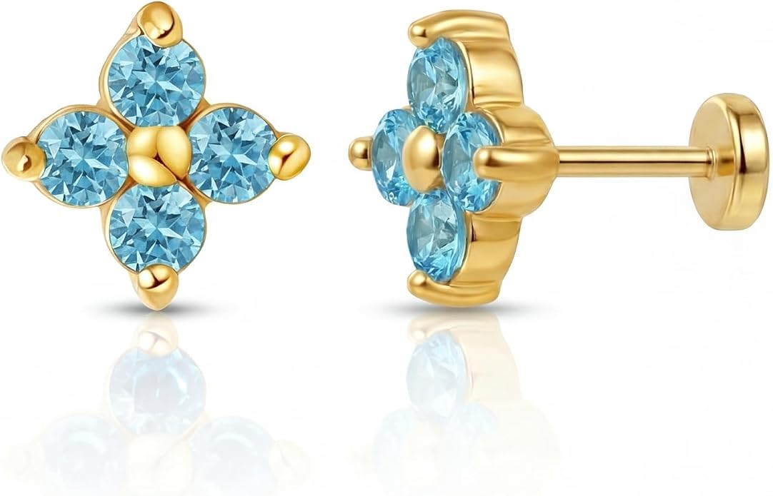 FANSING Short Threadless Cartilage Earring Stackable CZ Birthstone Flat Back Earrings for Women Small Stud Earrings for Tragus Helix Earlobe 18K Gold Plated ‌Rainbow 5.0mm