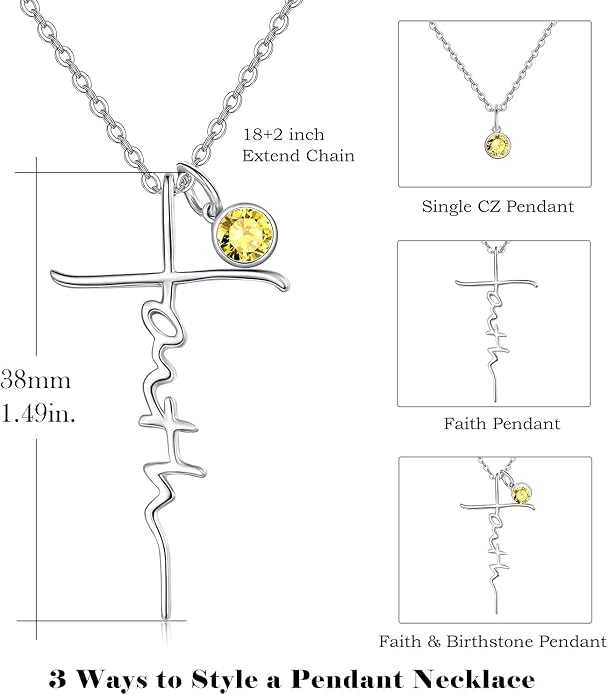 PRAYMOS Faith Cross Necklace for Women 925 Sterling Silver Pendant Necklace With Birthstone Initial Christian Religious Confirmation Baptism Mothers Day Gifts