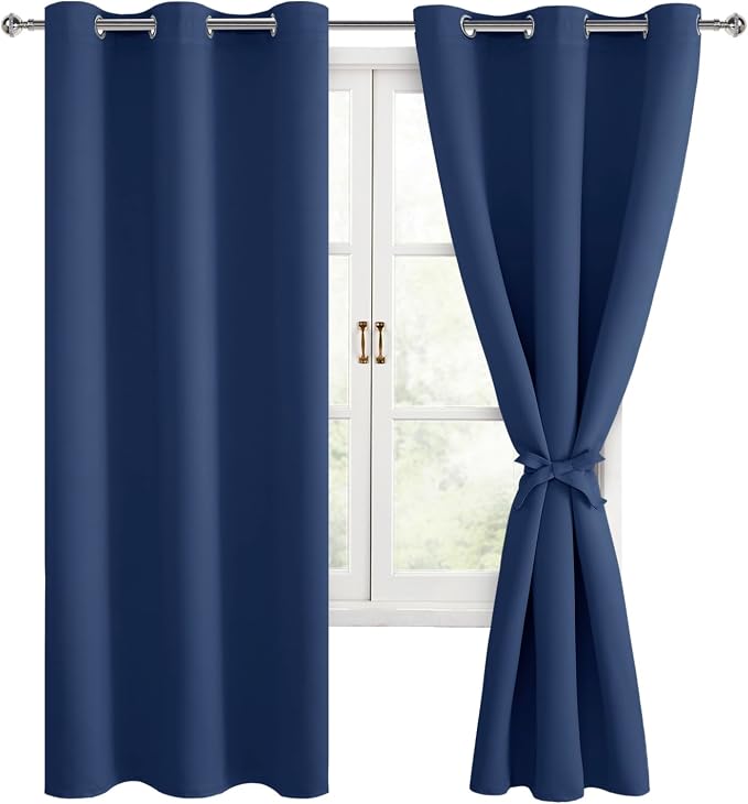 Hiasan Room Darkening Window Curtains for Bedroom, Thermal Insulated, Energy Saving Blackout Curtains, Set of 2 Panels, Sewn with Tiebacks, Grommet Top (Navy, Width 38 Inch x Length 63 Inch)