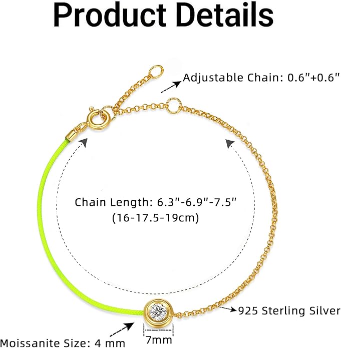 MISS mimi 18K Gold Plated Moissanite Bracelet for Women, 925 Sterling Silver Bezel Set Dainty Cord Jewelry, Adjustable Layering Friendship Gift