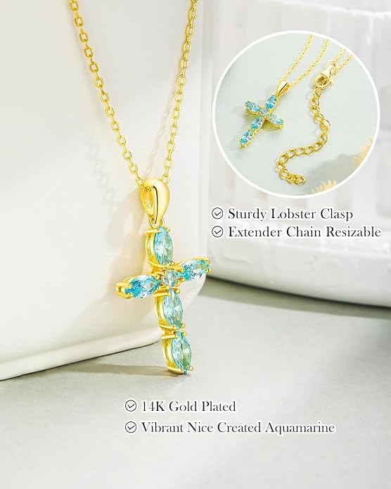 14K Gold Plated 925 Sterling Silver Birthstone Cross Necklace for Women Men