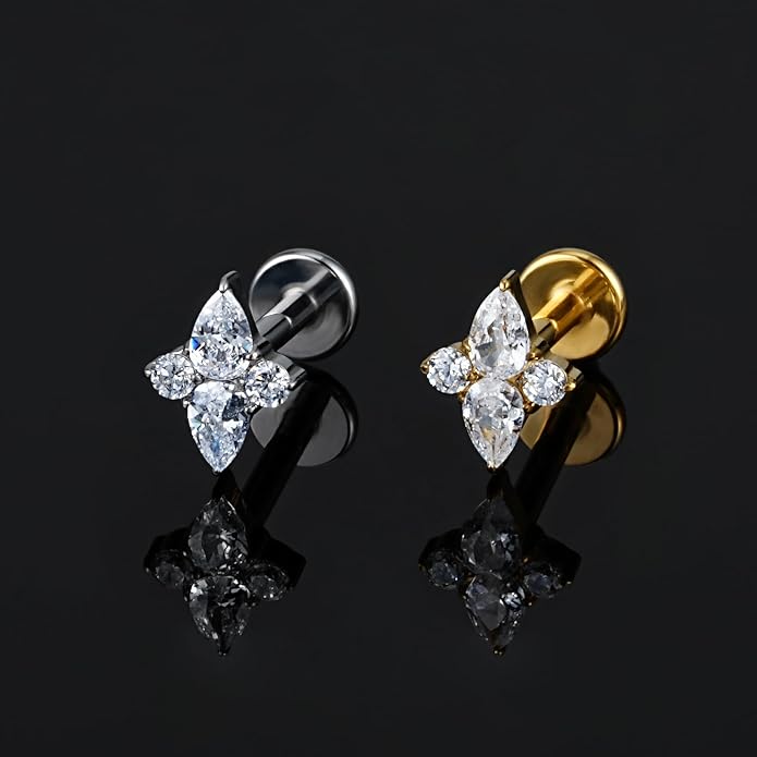 FINE4U 1PC ASTM F136 Titanium 16G Flatback Stud for Tragus, Helix, Conch 6mm 8mm - Screw on Cartilage Earring Piercing Jewelry