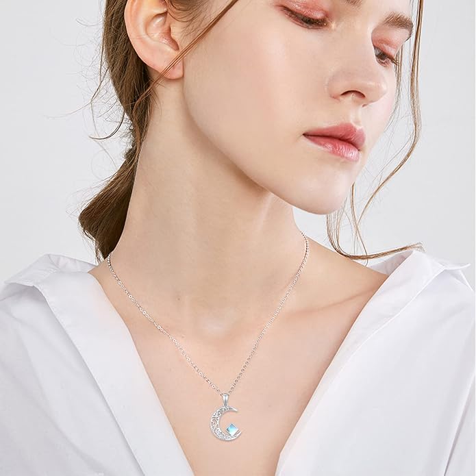 TRISHULA Moon Star Necklace, 925 Sterling Silver Crescent Moon Sun Pendant with Moonstone Crescent Jewelry Gift for Her Sister Birthday Christmas