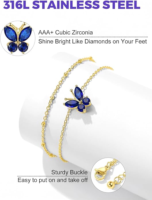 Richsteel Double Layer Heart/Butterfly Birthstone Anklet for Women Non Tarnish Waterproof, Silver/Gold/Black Stainless Steel 8.5-10.5 Inch Adjustable Chain Anklets Jewelry Gifts for Her