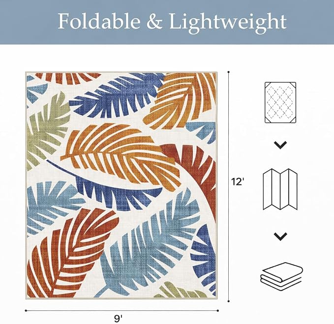 GENIMO 9x12 Outdoor Rug, Washable Quick Dry for Patio, Leaf Rust Navy | Botanical leaf design for gazebo; lightweight chenille with quick-dry non-slip backing for indoor dining area.