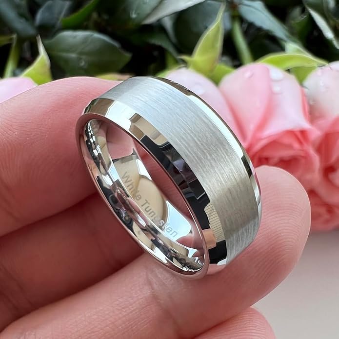 TUTISS 6mm 8mm White Tungsten Rings for Men Women Couple Fashion Jewelry Engagement Wedding Bands Matte Finish Beveled Edges Comfort Fit