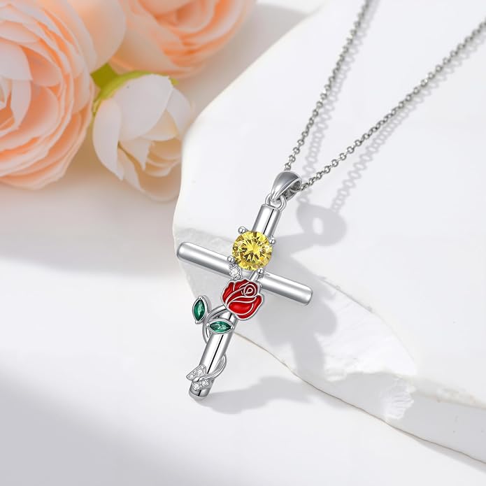 Birthstone Cross Necklace 925 Sterling Silver Rose with Butterfly Birthstone Cross Pendant Necklace Jewelry Gifts for Women Birthday Christmas
