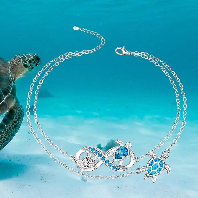 Fenthring Turtle Anklet S925 Sterling Silver Blue Opal Sea Turtle Ankle Bracelets for Women Infinity Wave Ocean Beach Summer Foot Bracelet Jewelry Layered Adjustable