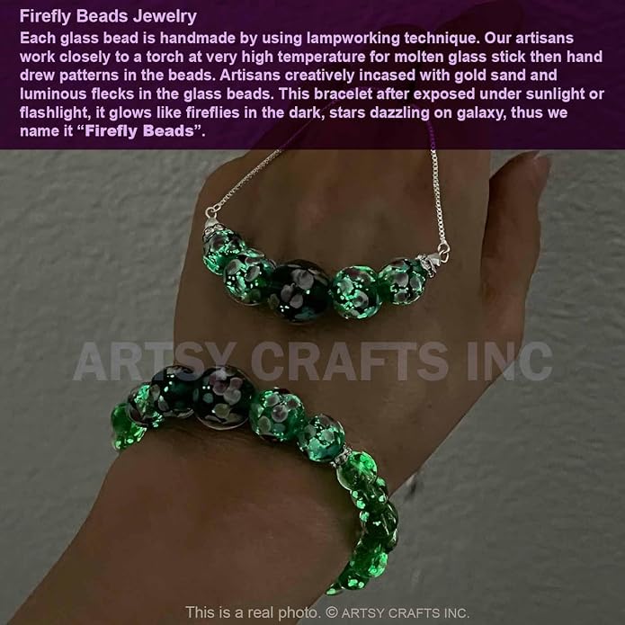ARTSY Crafts Lily Garden Glow in the Dark Firefly Bead Bracelets Necklaces, Handmade in USA Murano Glass Jewelry, Flower Luminous Beads Mermaid Crystal Bracelet Bangle