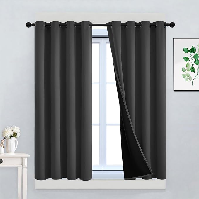 Yakamok Charcoal Grey 100% Blackout Curtains 45 Inches Long 52" Wide 2 PCS | Blackout Curtain Panels for Bedroom, 2 Thick Layers Grommet Top Thermal Insulated Drapes with Black Liner for Living Room