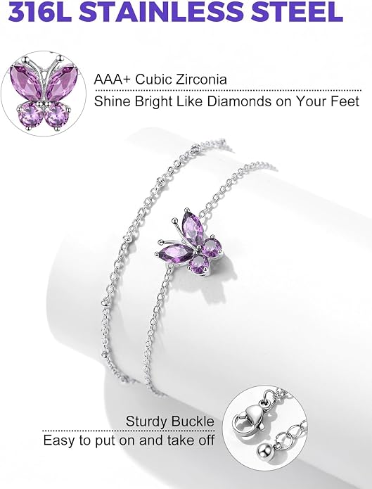 Richsteel Double Layer Heart/Butterfly Birthstone Anklet for Women Non Tarnish Waterproof, Silver/Gold/Black Stainless Steel 8.5-10.5 Inch Adjustable Chain Anklets Jewelry Gifts for Her