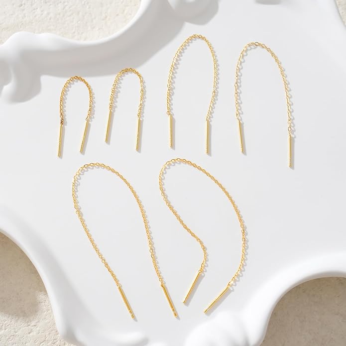 3 Pairs Threader Earrings 925 Sterling Silver Long Chain Earrings Bar/Ball Wrap Threader Drop Earrings for Women Lightweight Minimalist Mother's Day Jewelry Set