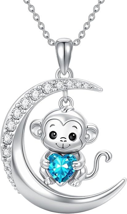 PROESS Animal Birthstone Necklace 925 Sterling Silver Otter/Axolotl/Hippo/Elephant/Dachshund/Monkey/Red Panda Pendant Necklace Animal Birthstone Jewelry Gifts for Women
