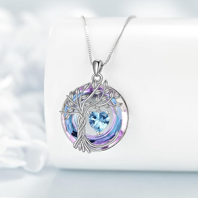 POPLYKE Mothers Day Gifts for Mom Her Wife Tree of Life Necklace 925 Sterling Silver Birthstone Pendant with Crystal Anniversary Birthday Wedding Jewelry for Women