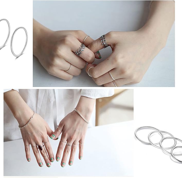 CANDYFANCY 925 Sterling Silver 1.2mm Stacked Midi Thin Rings for Women Knuckle Ring Band Stacking Ring Set Size 2.5-8.5