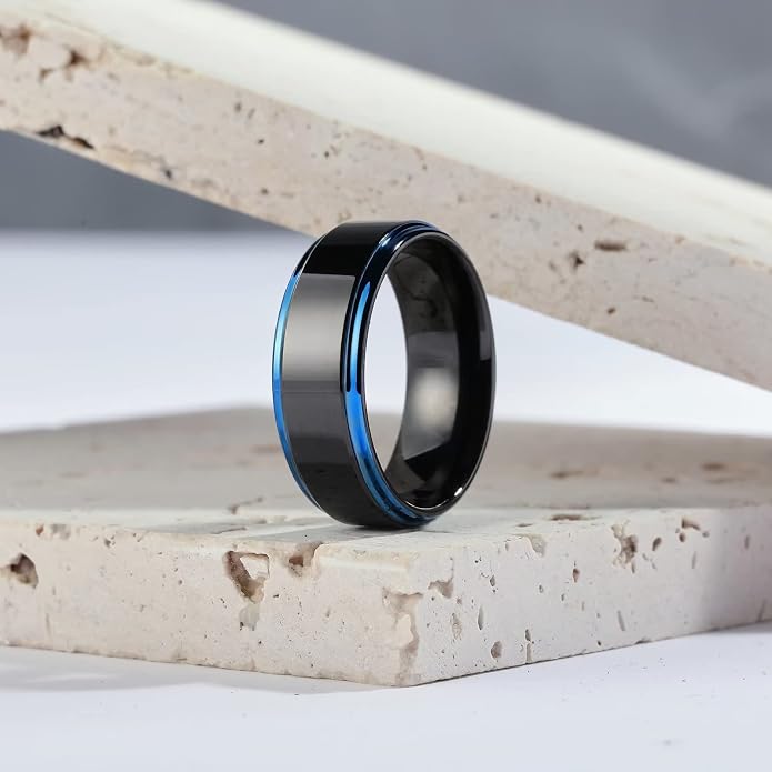 King Will 8mm Black Silver Mens Polished Tungsten Wedding Rings High Polish Surface Wedding Band Blue Silver Step Edge Comfort Fit