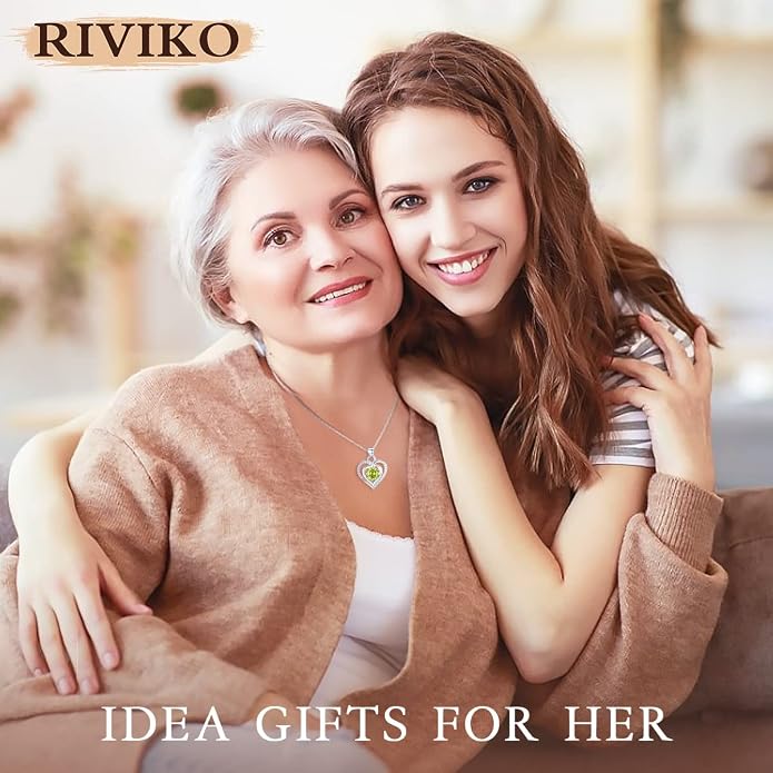 RIVIKO Heart Birthstone Pendant Necklace for Women 925 Sterling Silver Zirconia Necklaces Valentine's Day Anniversary Birthday Mothers Day Jewelry Gifts For Her Mother Wife