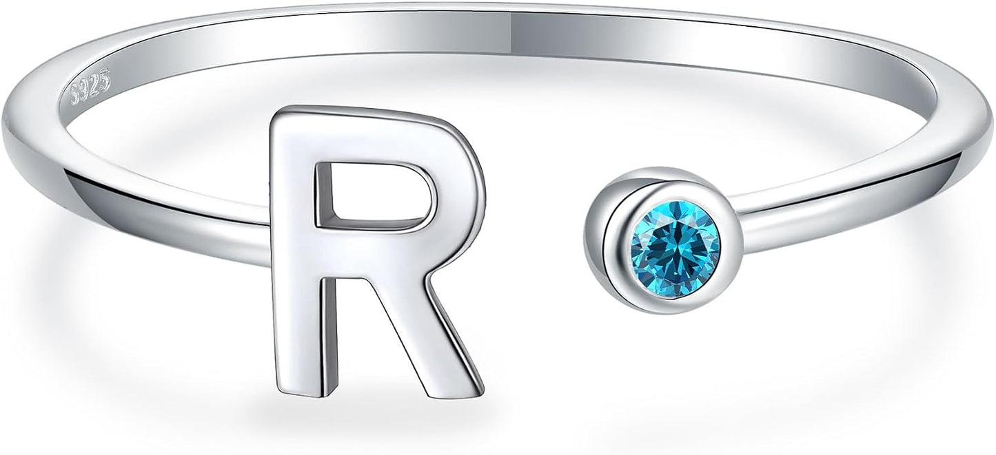 925 Sterling Silver Initial Letter Birthstone Rings for Women Adjustable 1-12 Month Birthstone Alphabet Stacking Ring for Teens Girls Stackable Birthstone Rings Birthday Jewelry Gift for Daughter Mom