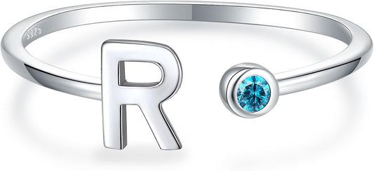 925 Sterling Silver Initial Letter Birthstone Rings for Women Adjustable 1-12 Month Birthstone Alphabet Stacking Ring for Teens Girls Stackable Birthstone Rings Birthday Jewelry Gift for Daughter Mom