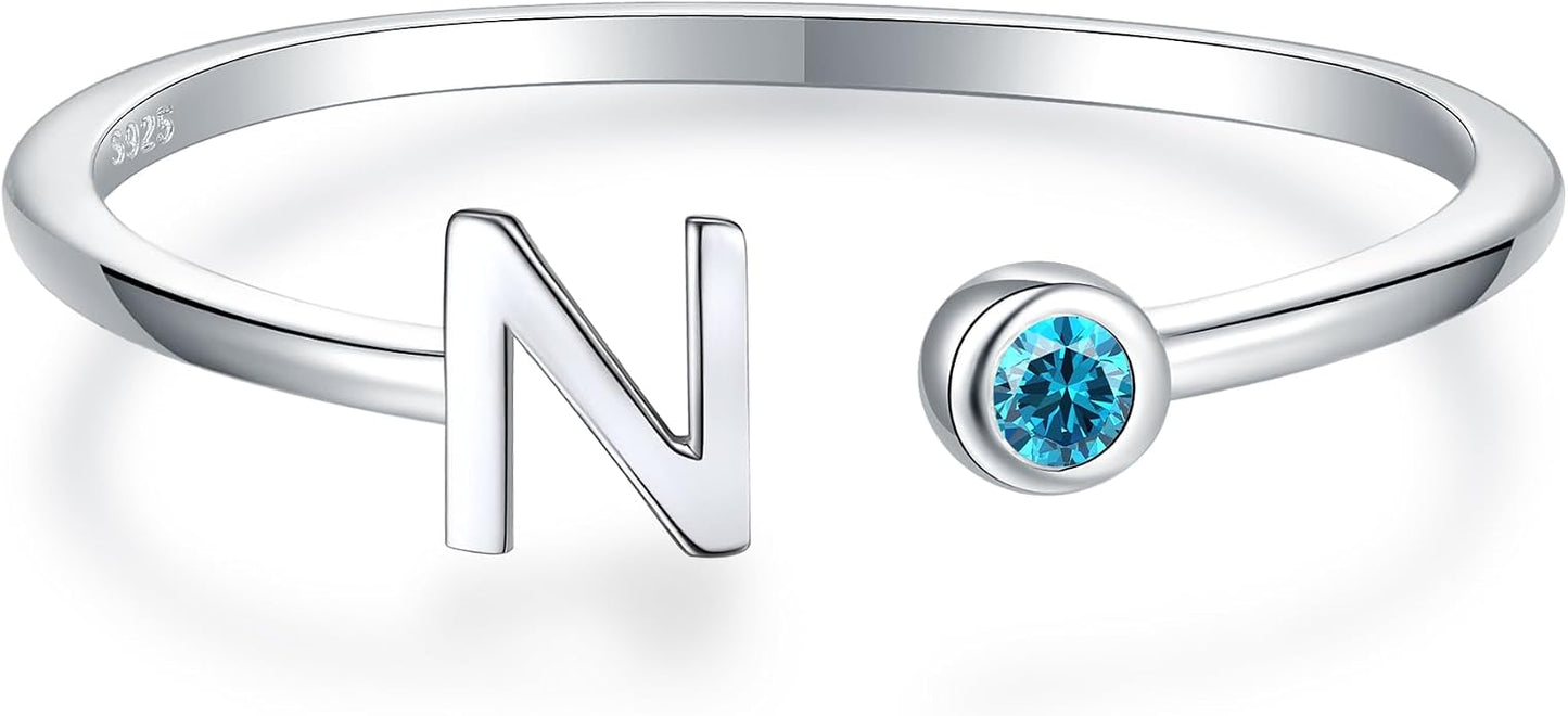 925 Sterling Silver Initial Letter Birthstone Rings for Women Adjustable 1-12 Month Birthstone Alphabet Stacking Ring for Teens Girls Stackable Birthstone Rings Birthday Jewelry Gift for Daughter Mom
