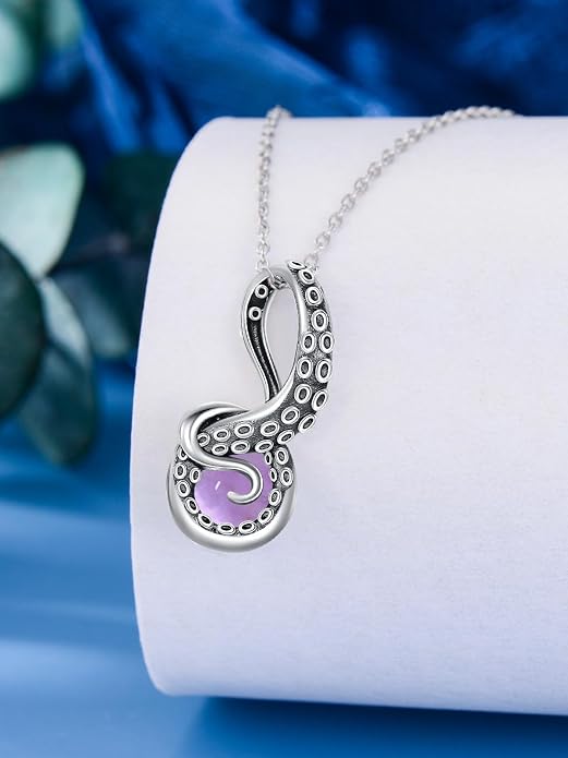 Octopus Tentacles Necklace with Gemston 925 Sterling Silver Octopus Pendant for Women Ocean Jewelry Gift for Women
