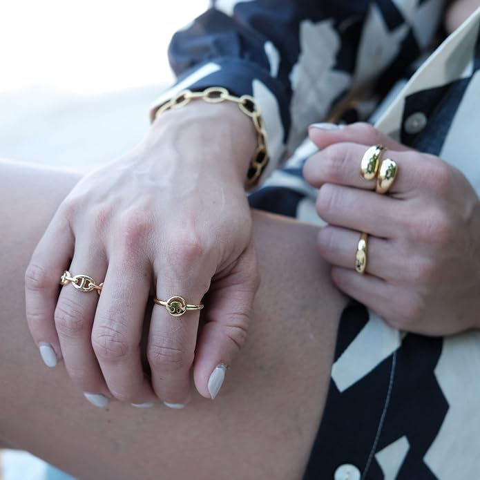 LEMON GRASS Gold Chain Link Ring | Chunky Curb-Link Open Ring | Stackable Thick Chain Simple Open Circle Band Adjustable