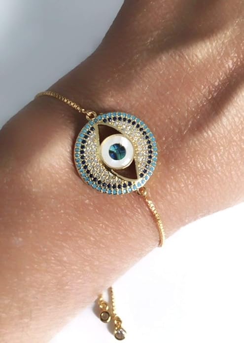 SIFRIMANIA Evil Eye Adjustable Sliding Bead Shiny Bracelet Lucky Charms Jewelry for Women of All Ages