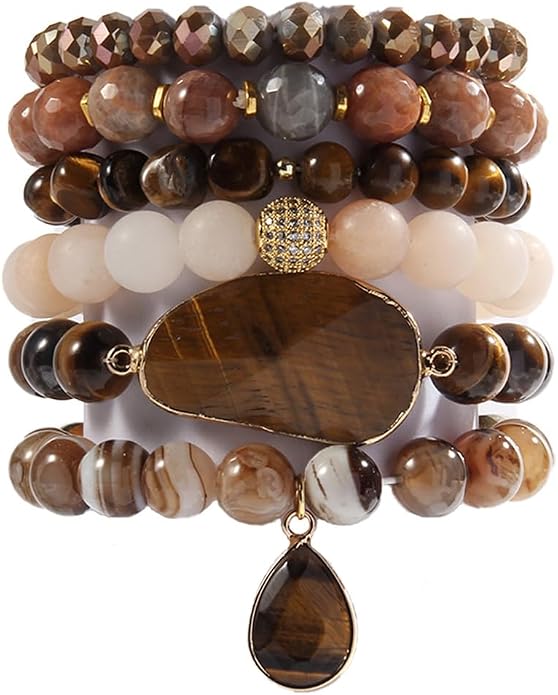 Yomisa 5PCS 6PCS Natural Boho Beaded Bracelets/Bangle for Women Men,Healing Turquoise Jasper Agate Crystal Gemstone Stone Chakra Multilayer Wrap Bohemian Handmade Jewelry Beads Stretch Bracelet Set