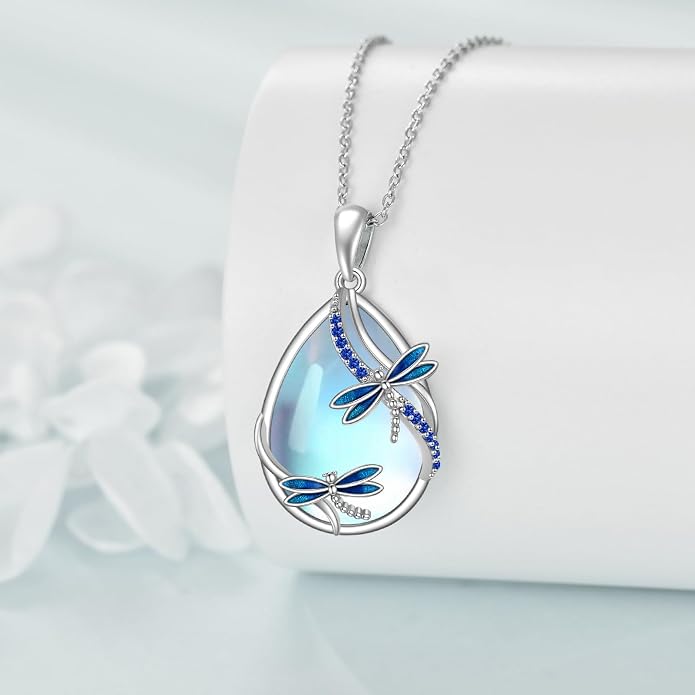 KQF Dragonfly/Butterlfy/Cat/Jellyfish/Bunny/Axolotl/Bee/Mermaid/Hummingbird/Elephant Necklace for Women Sterling Silver Moonstone Pendant Necklace Dragonfly Jewelry Gifts for Women