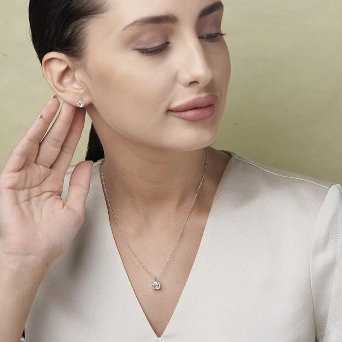 MAX + STONE 14k Gold Plated or Sterling Silver Cushion Cut Gemstone Stud Earrings and Pendant Necklace for Women with 6mm and 8mm Birthstones 18 Inch Chain and Push Backs Jewelry Set