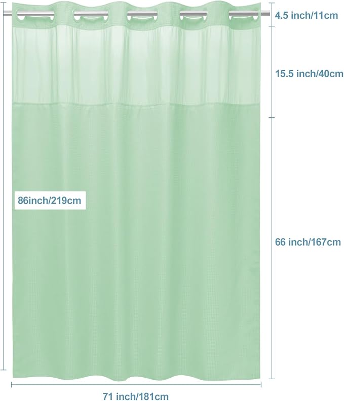 EUTXL Heavyweight Mint Green Long No Hook Shower Curtain with Snap in Liner,256GSM Waffle Weave Shower Curtains for Bathroom,71W x 86H
